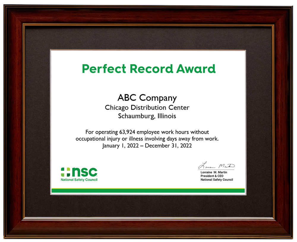 Perfect Record Certificate Award