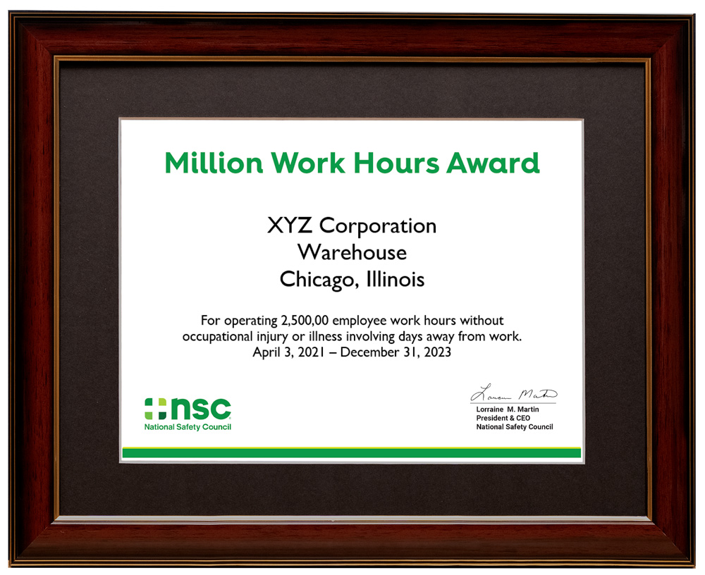 Million Work Hours Certificate Award